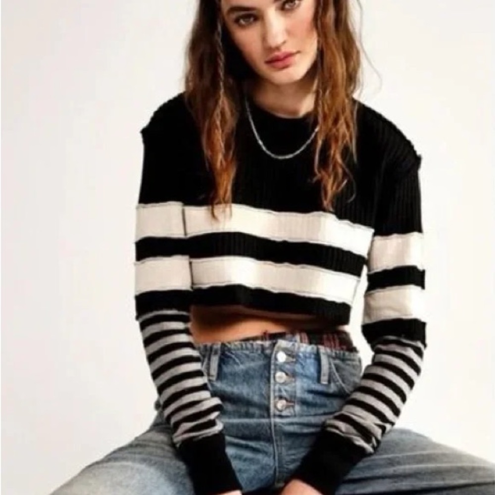 We The Free Black and White Striped Long Sleeve Tee